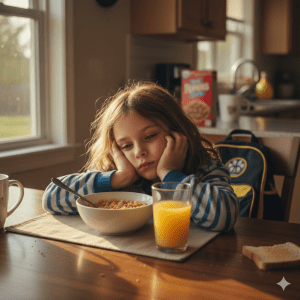 müdes Mädchen am Frühstückstisch ADHS und Schlaf Kinder