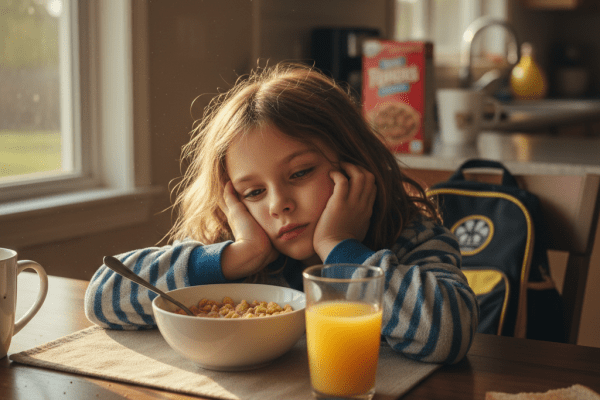 müdes Mädchen am Frühstückstisch ADHS und Schlaf Kinder