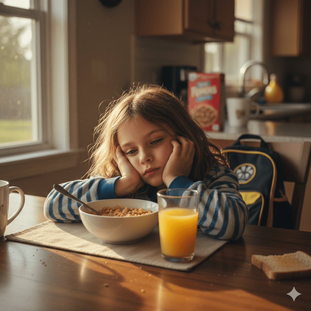 müdes Mädchen am Frühstückstisch ADHS und Schlaf Kinder